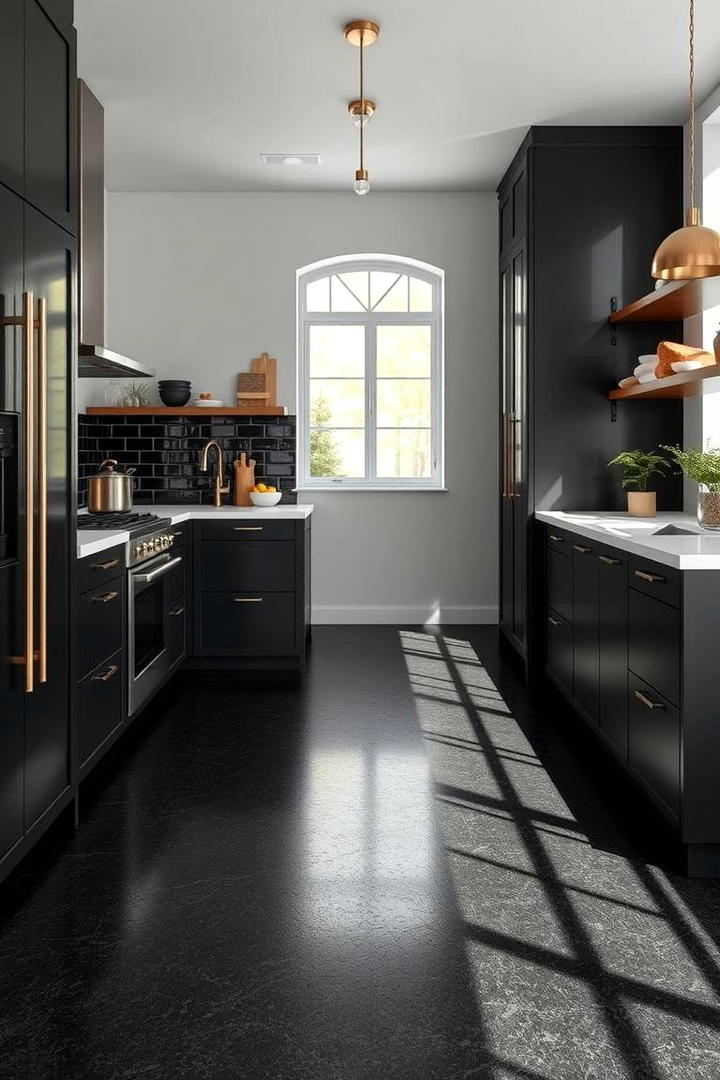 Chic Black Floor with Metallic Hues - 30 Black Floor Kitchen Ideas