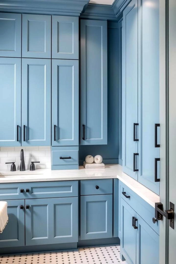 Chic Blue Cabinets with Black Hardware - 30 black and blue bathroom ideas