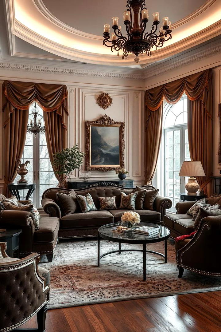 Classic Luxury with Rich Fabrics - 30 Dark Brown Couch Living Room Ideas