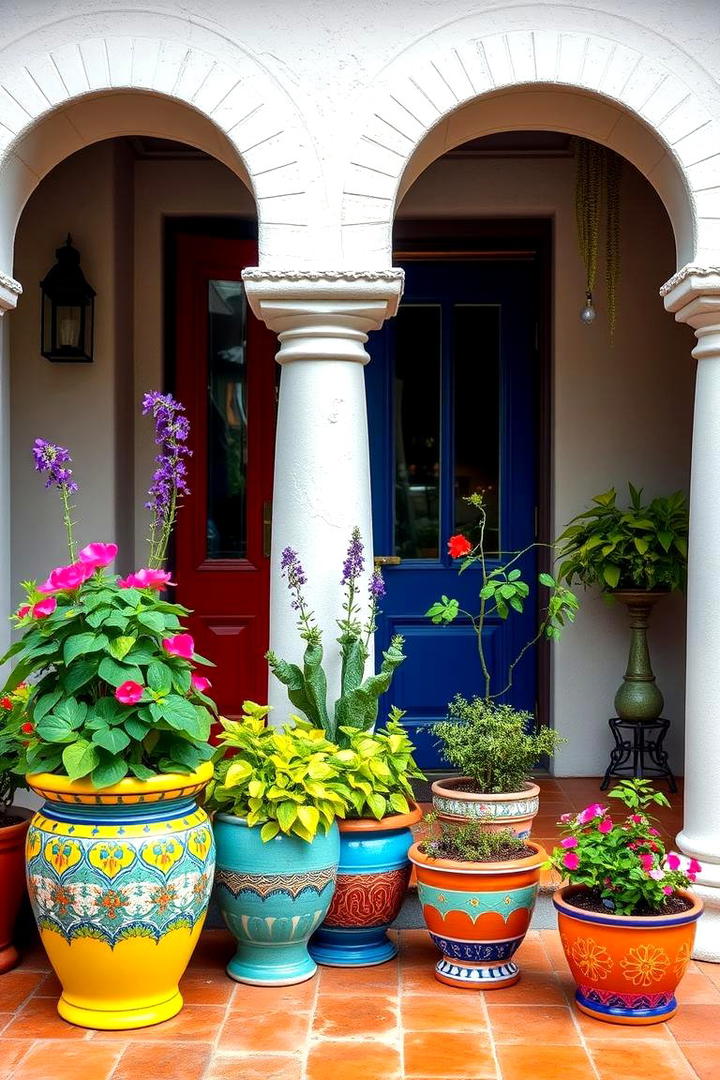 Colorful Ceramic Pots - 30 spanish style front porch ideas