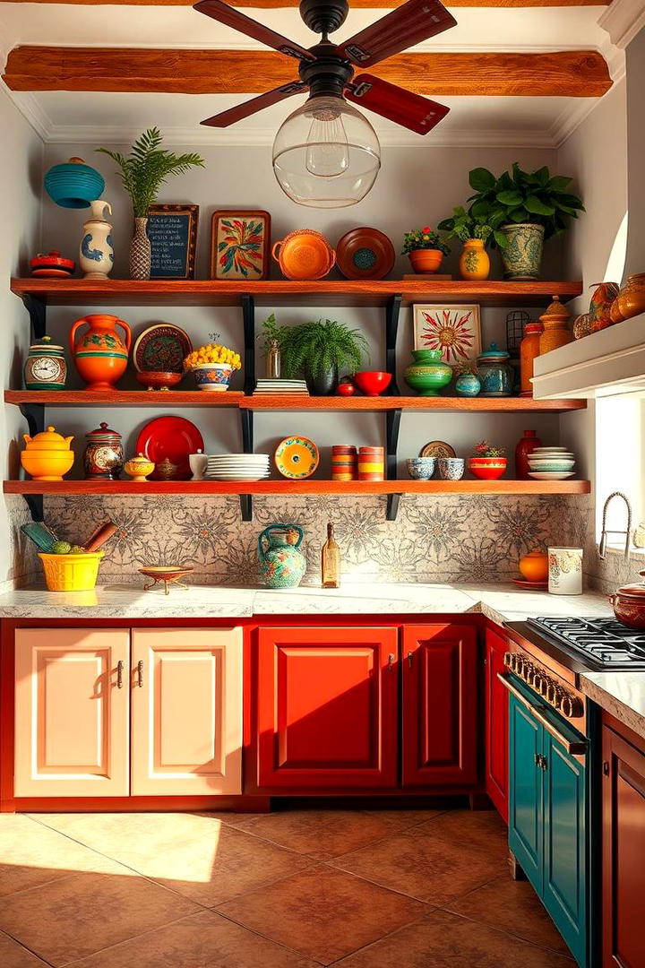 Colorful Open Shelving - 30 Spanish Style Kitchen Ideas