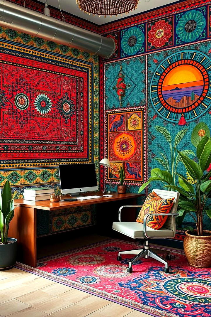 Colorful Patterned Accent Wall Office - 30 Bohemian Home Office Ideas