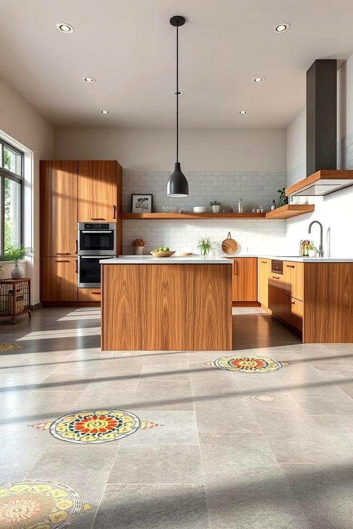 Concrete with Artistic Inlays - 30 Concrete Floor Kitchen Ideas