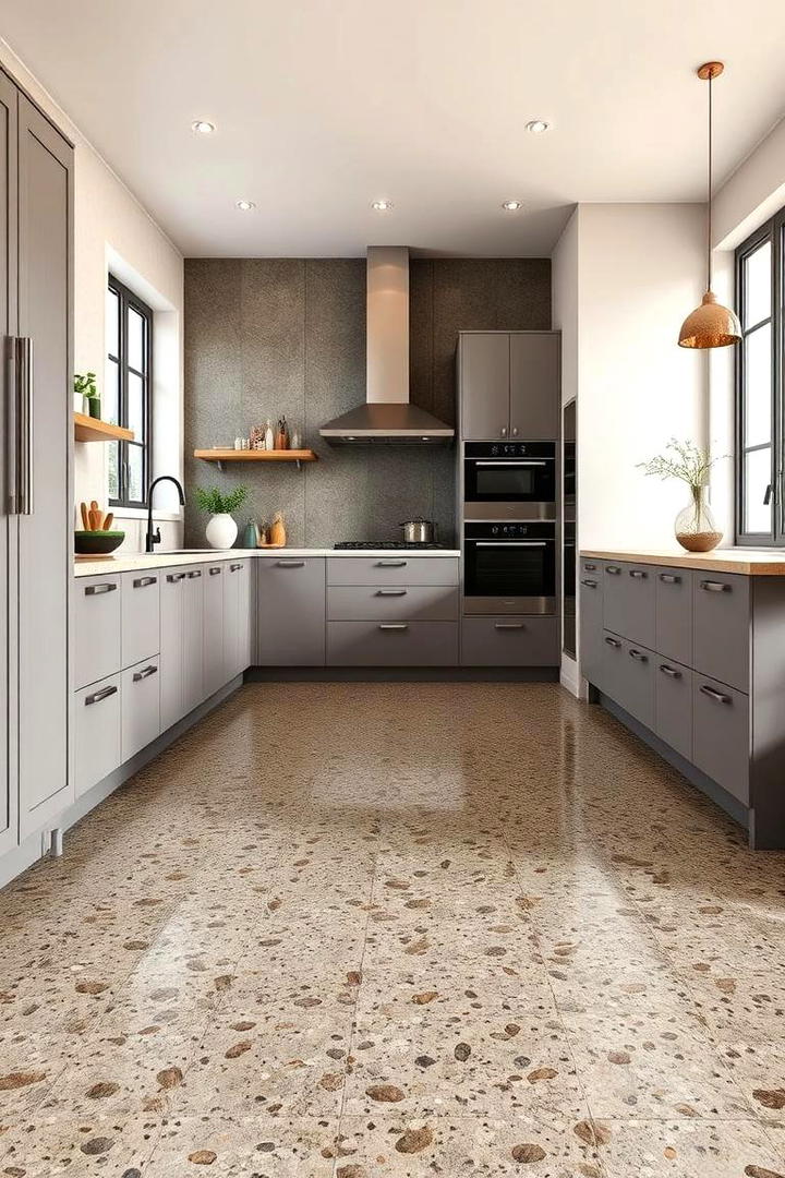 Concrete with Embedded Stones - 30 Concrete Floor Kitchen Ideas