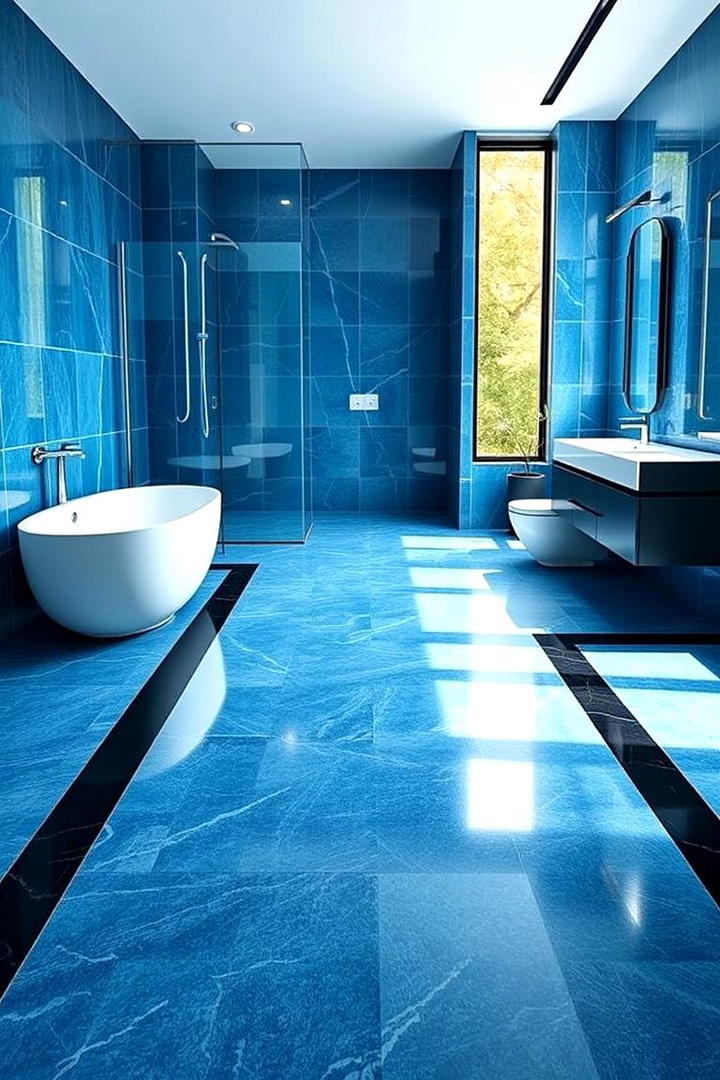 Contemporary Blue Flooring with Black Borders - 30 black and blue bathroom ideas