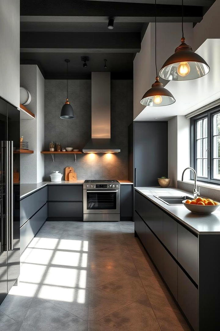 Contemporary Grey Kitchen with Statement Lighting - 30 Kitchens With Grey Floors