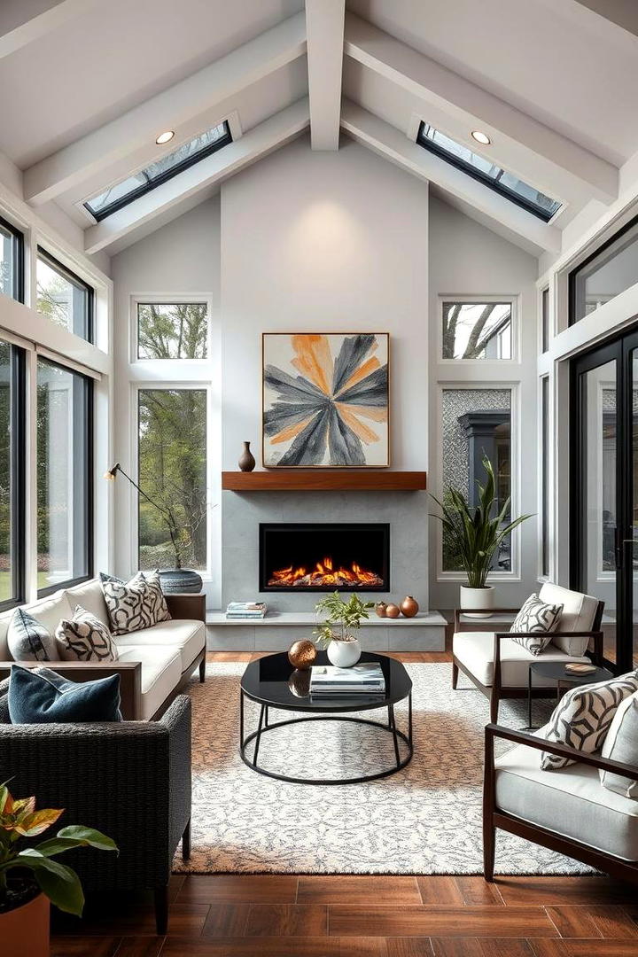 Contemporary Sunroom with Designer Fireplace Accents - 30 Sunroom With Fireplace