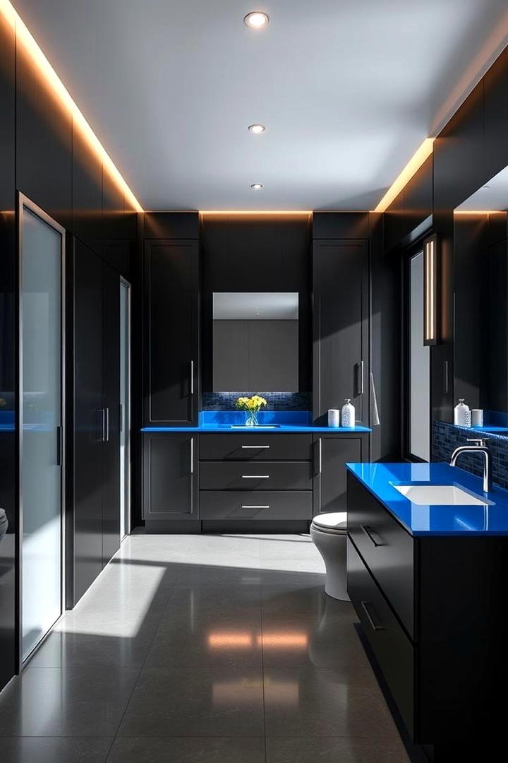 Contrasting Black Vanity with Blue Countertops - 30 black and blue bathroom ideas