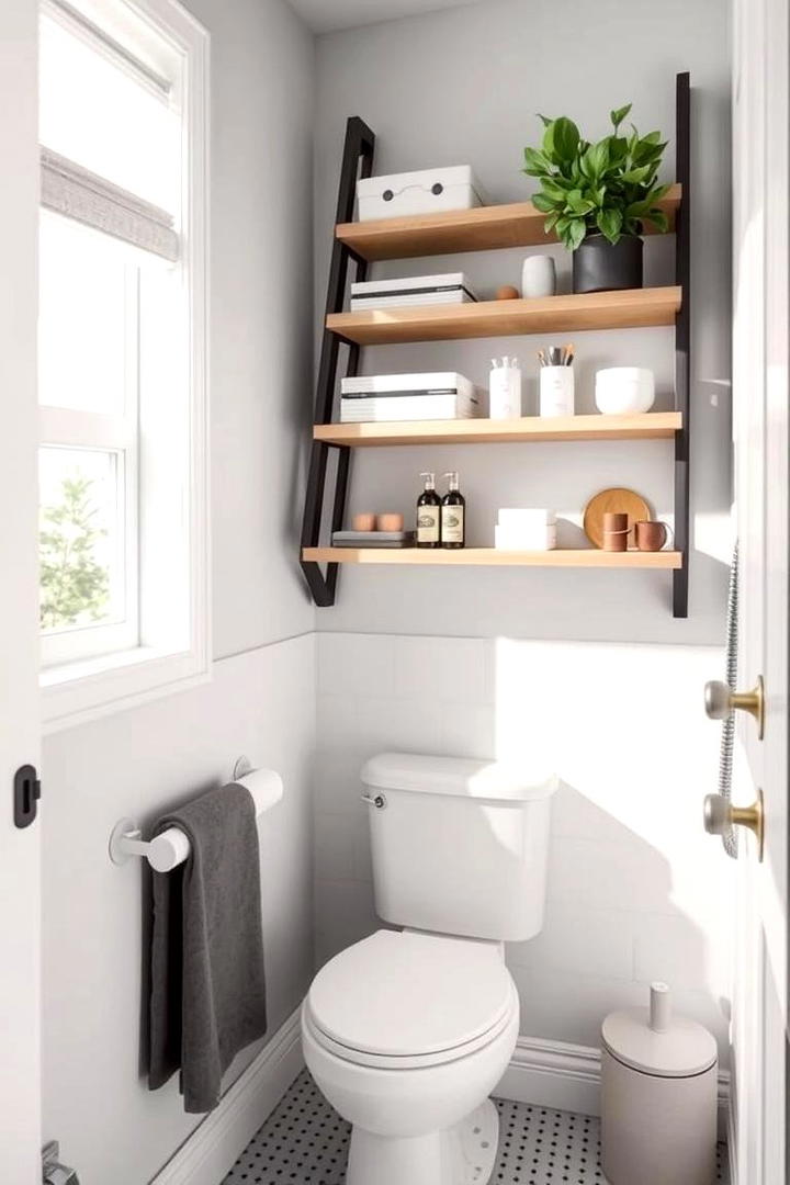 Corner Ladder Shelves - 30 Small Bathroom Shelving Ideas