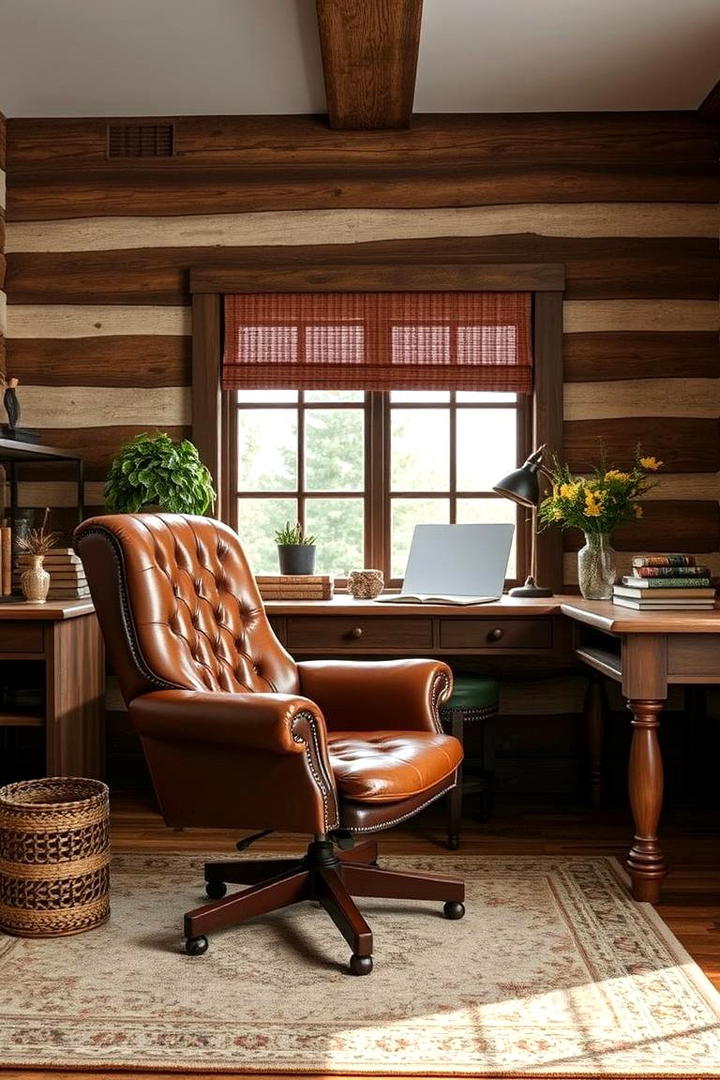 Cozy Leather Chair Seating - 30 Rustic Home Office Ideas