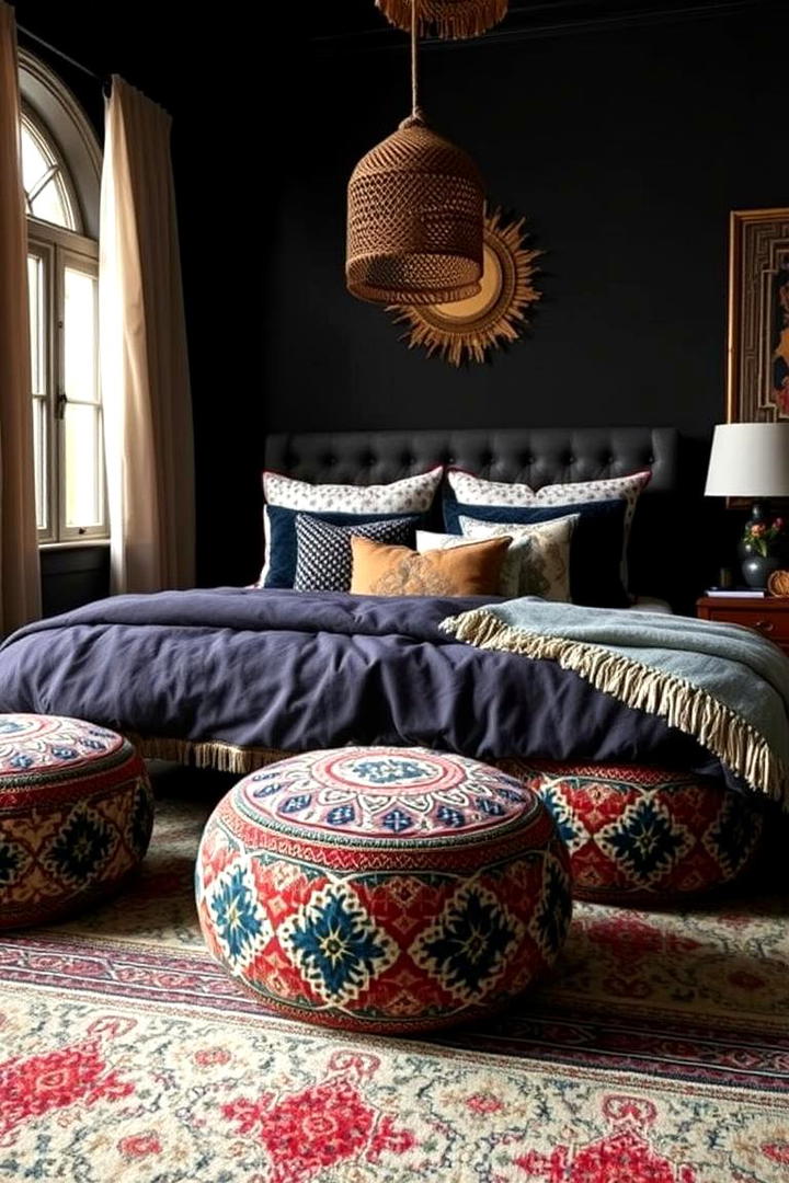 Cozy Moroccan Ottomans - 30 Dark Boho Bedroom Ideas