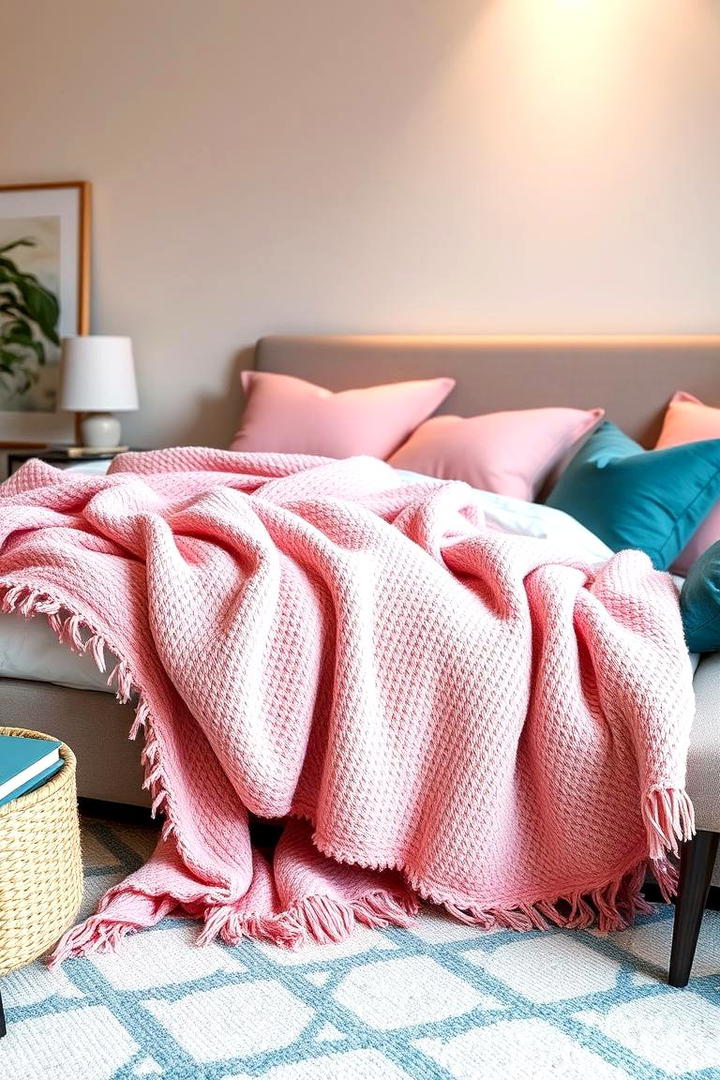 Cozy Pink Textured Throws - 30 Teal and Pink Bedroom Ideas