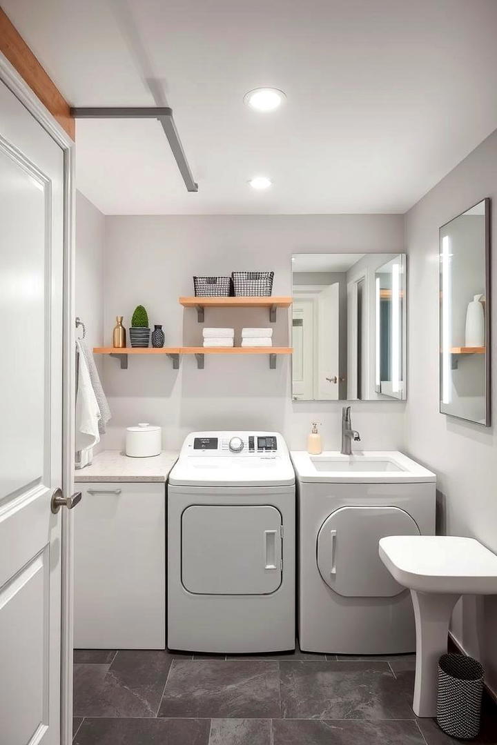 Creative Lighting and Mirror Accents - 30 basement laundry room ideas