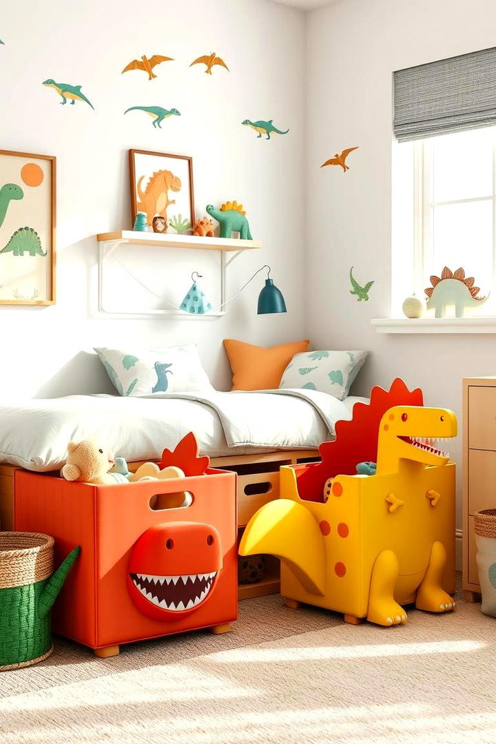 Dino shaped Storage Bins - 30 Dinosaur-themed Kids Room Ideas