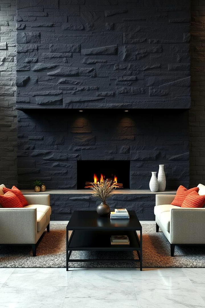 Dramatic Black Stone Feature - 30 Black Fireplace Ideas