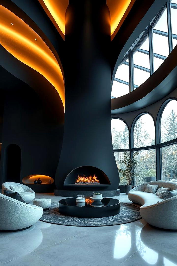 Dynamic Curved Lines - 30 Black Fireplace Ideas