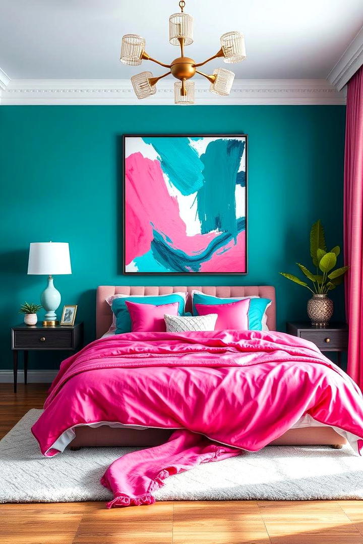 Dynamic Teal and Pink Artwork - 30 Teal and Pink Bedroom Ideas