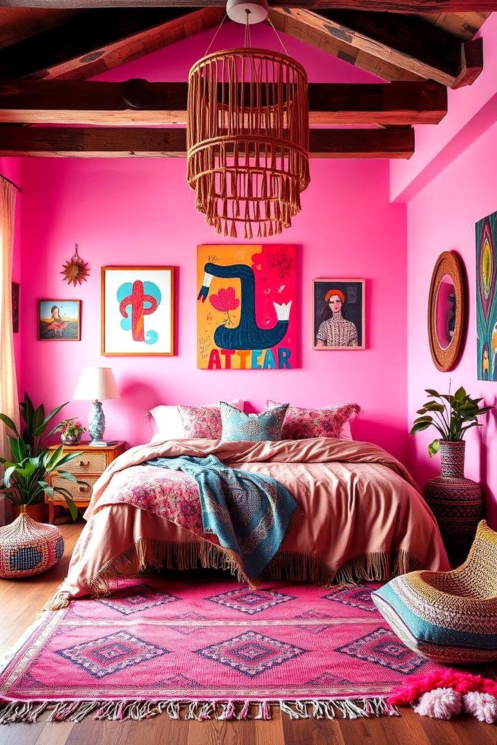 Eclectic Art and Bold Patterns - 30 Pink Boho Bedroom Ideas