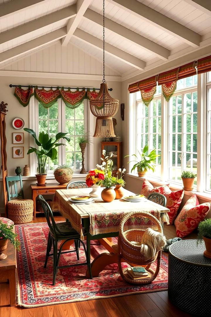 Eclectic Bohemian Dining Ambiance - 30 Sunroom Dining Room Ideas