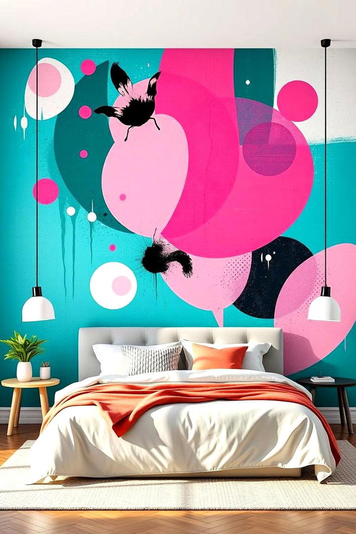 Eclectic Teal and Pink Wall Mural - 30 Teal and Pink Bedroom Ideas