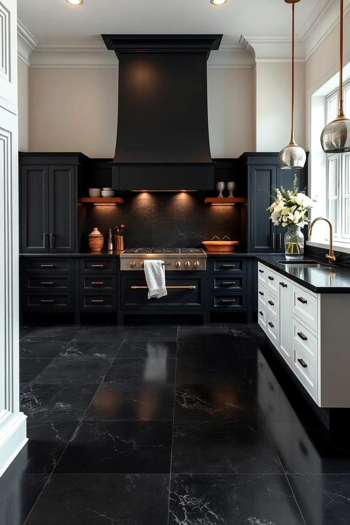 Elegant Black Slate Sophistication - 30 Black Floor Kitchen Ideas