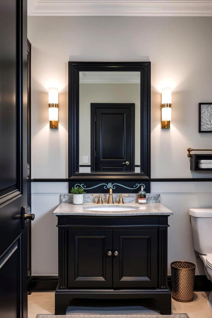 Elegant Black Vanity with Blue Detailing - 30 black and blue bathroom ideas