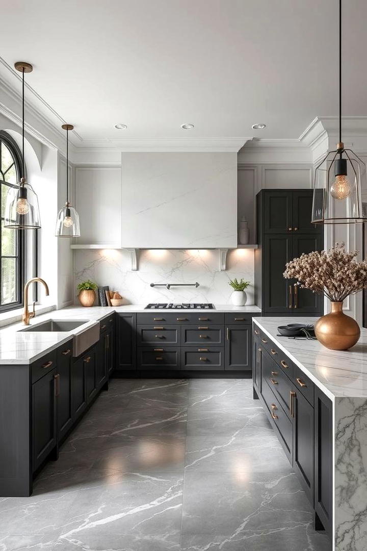 Elegant Grey Kitchen with Marble Accents - 30 Kitchens With Grey Floors