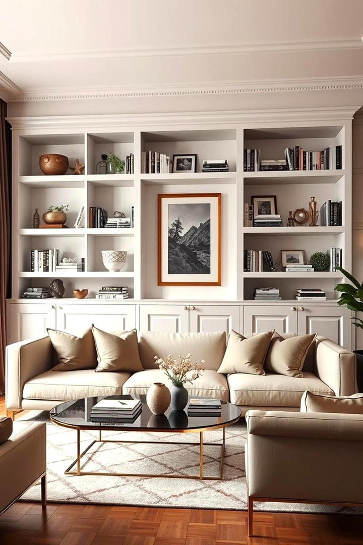 Elegant Open Shelving - 30 Glam Living Room Ideas