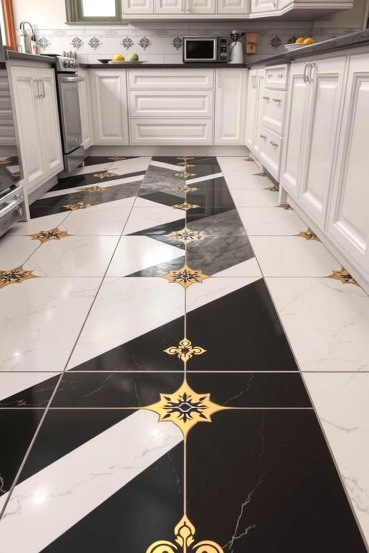 Elegant Patterned Tiles - 30 black white and gold kitchen ideas