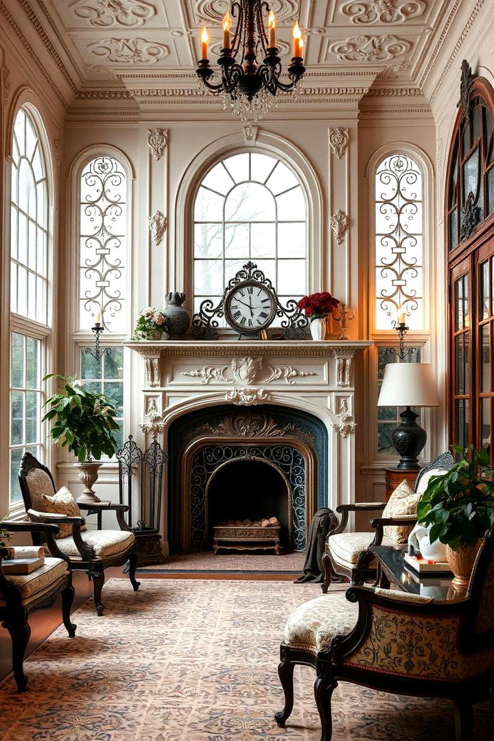 Elegant Victorian Inspired Sunroom with Ornate Fireplace - 30 Sunroom With Fireplace