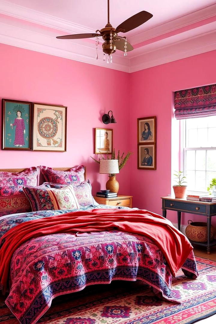 Ethnic Print Bedding Accents - 30 Pink Boho Bedroom Ideas