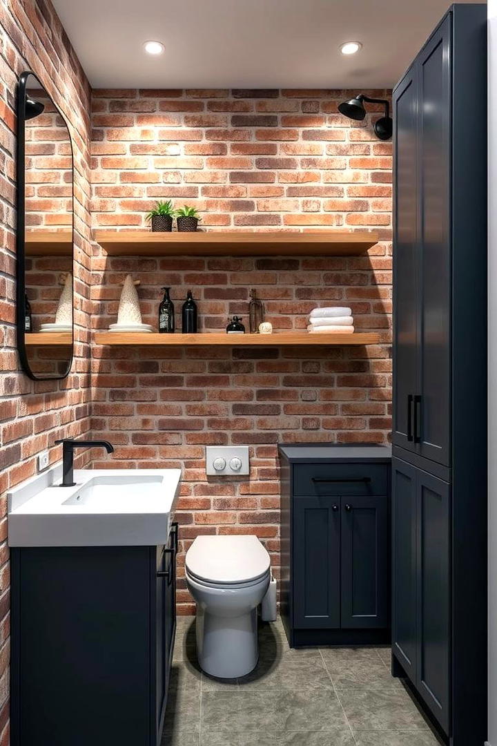 Exposed Brick Backdrop Shelves - 30 Small Bathroom Shelving Ideas