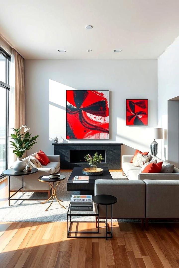 Expressive Red Artwork Display - 30 Red Living Room Ideas