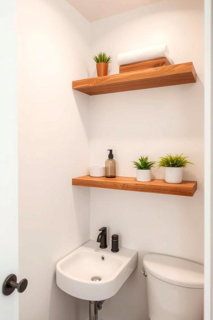 Floating Wood Shelves - 30 Small Bathroom Shelving Ideas