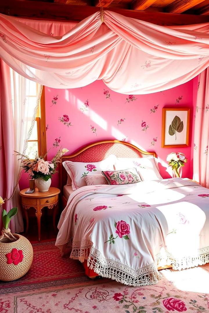 Floral Accents and Whimsical Textiles - 30 Pink Boho Bedroom Ideas