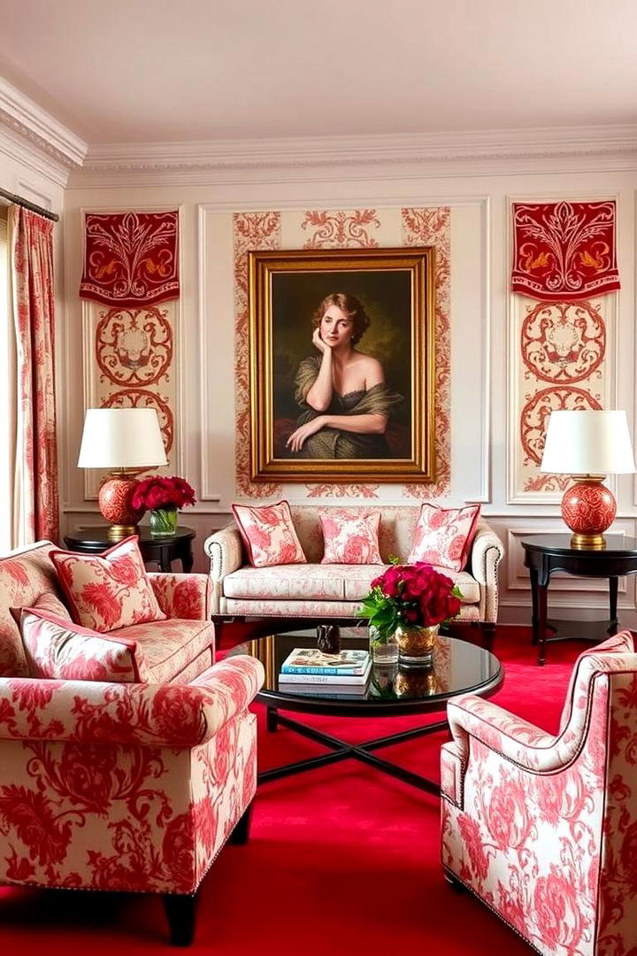 Floral Red Pattern Accents - 30 Red Living Room Ideas