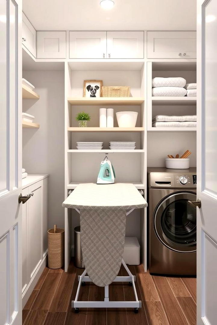 Fold Down Ironing Board Shelf Combo - 30 Laundry Room Shelf Ideas