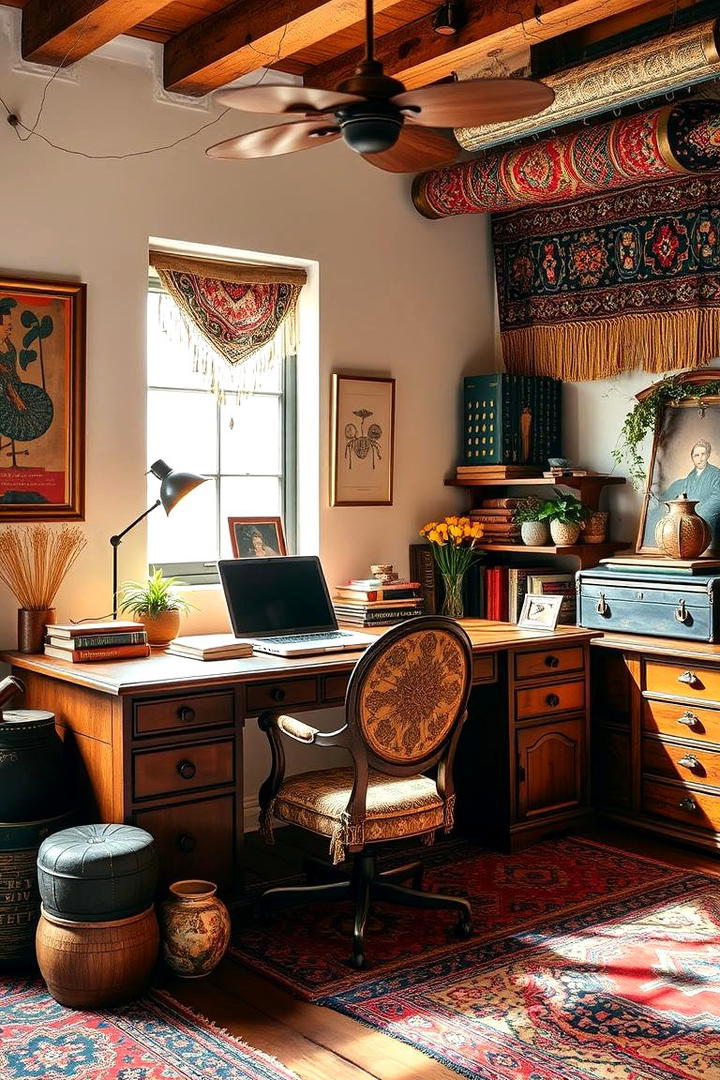 Free Spirited Vintage Office Setup - 30 Bohemian Home Office Ideas