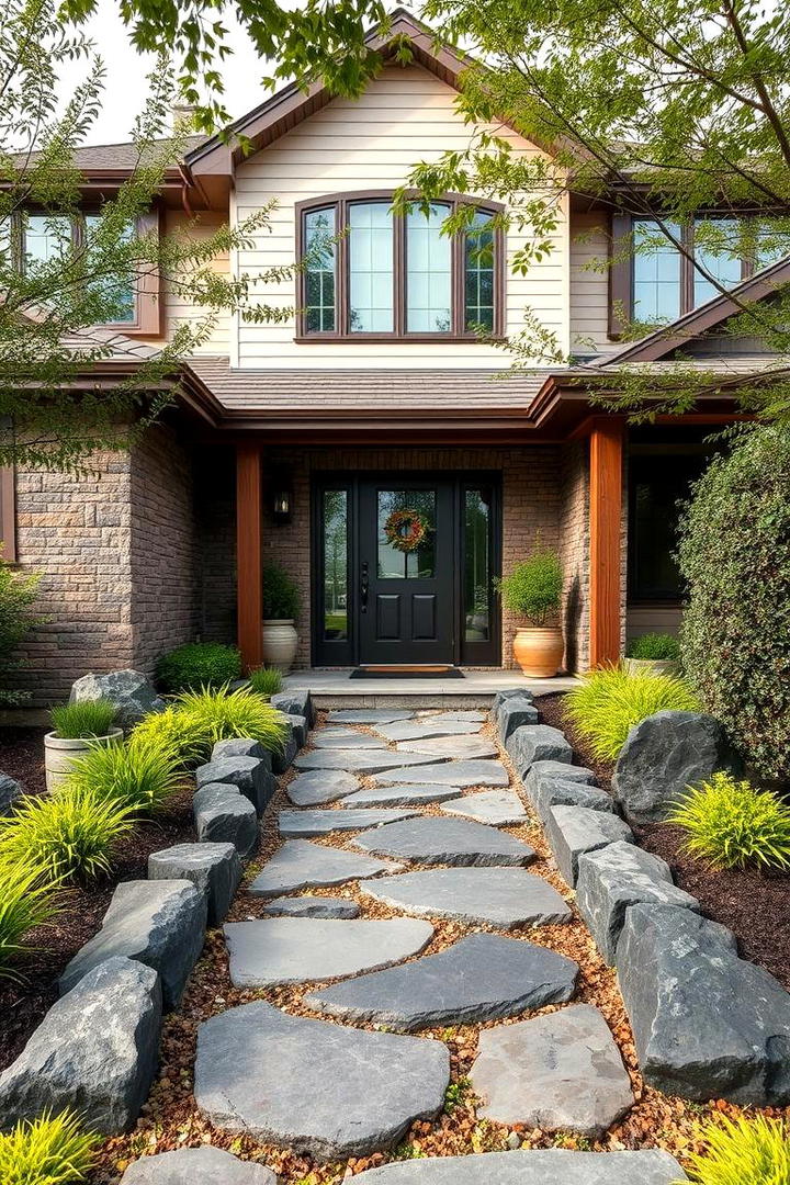 Front Yard Rock Statement Design - 30 Black River Rock Landscaping Ideas