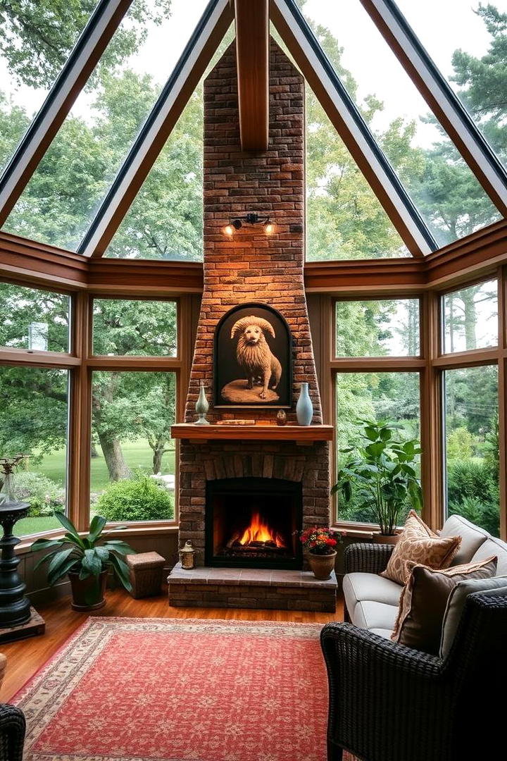 Garden View Sunroom with Cozy Fireplace Ambience - 30 Sunroom With Fireplace