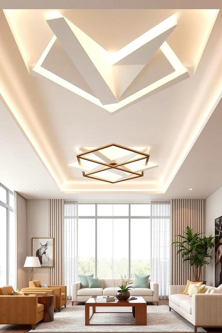 Geometric Pattern Precision - 30 Living Room Ceiling Lighting Ideas