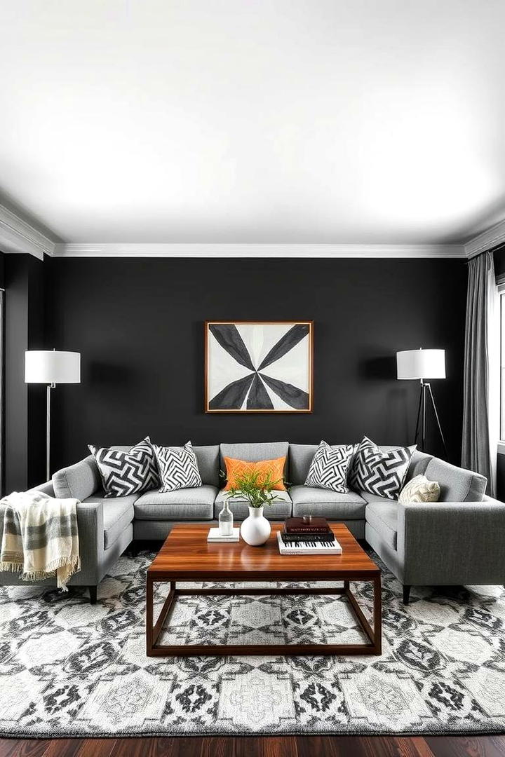 Geometric Patterns Accent - 30 Contrasting Living Rooms With Dark Grey Walls