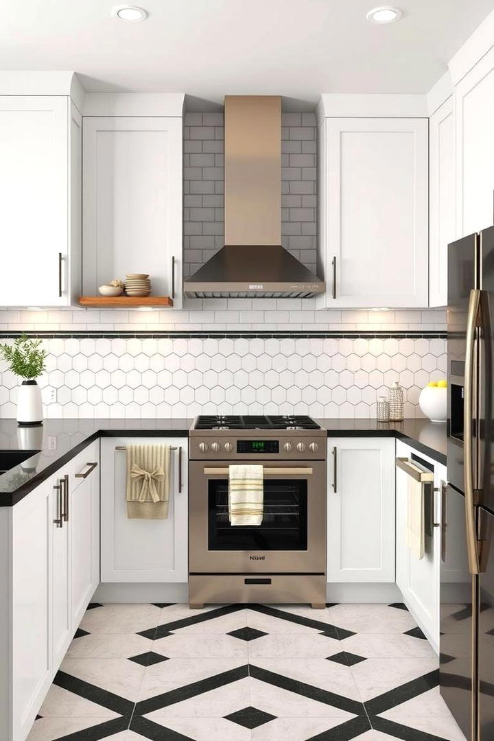 Geometric Tile Accents - 30 black white and gold kitchen ideas