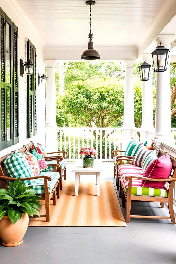 Gingham and Striped Furnishings - 30 Southern Front Porch Ideas