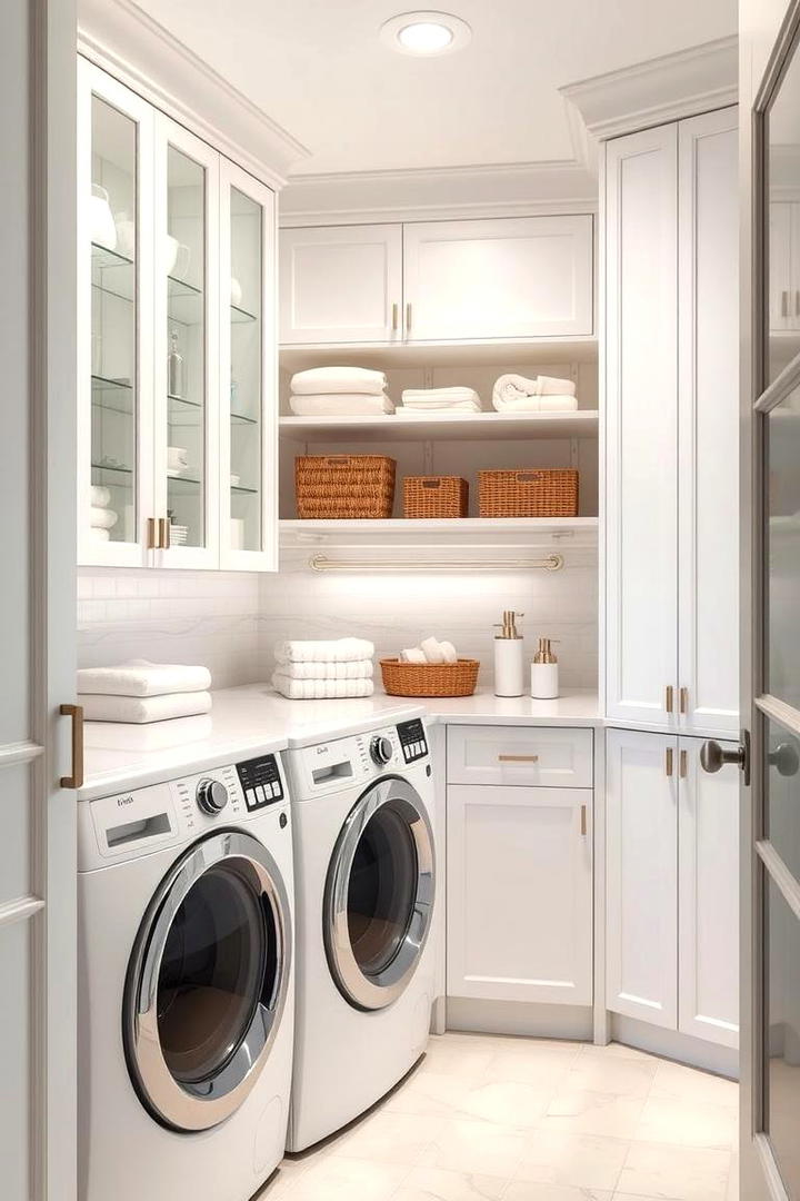 Glass Front Cabinets with Adjustable Shelves - 30 Laundry Room Shelf Ideas