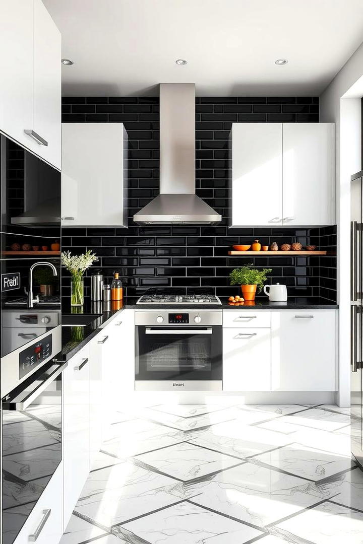 Glossy Black Tile Accents - 30 Black Floor Kitchen Ideas