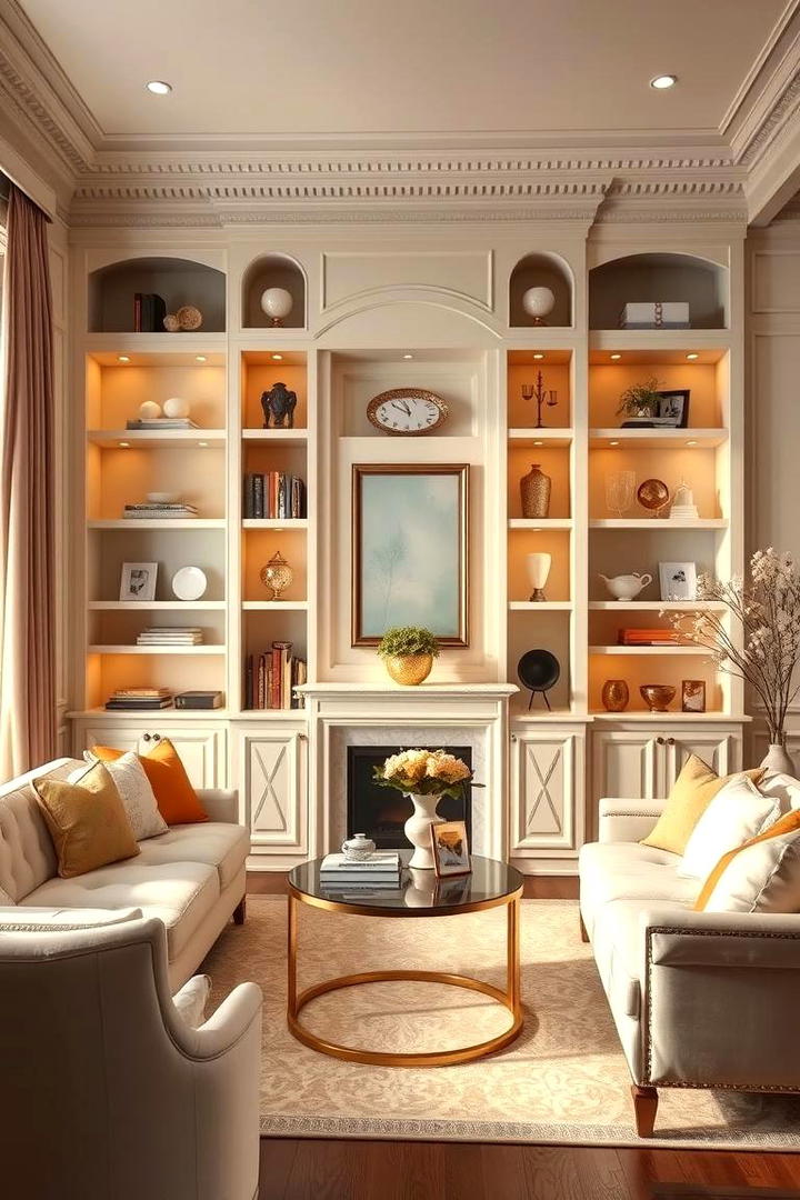 Graceful Cream and Gold Bookcase Styling - 30 Cream and Gold Living Room Ideas