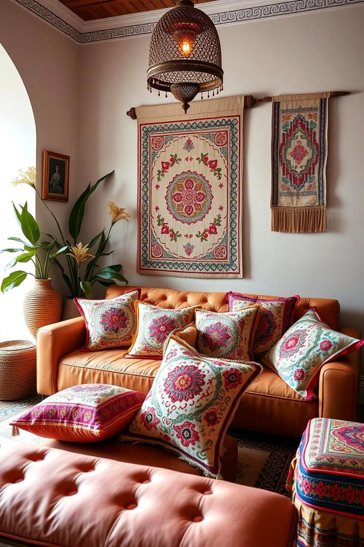 Hand Stitched Embroidery Accents - 30 Moroccan Living Room Ideas