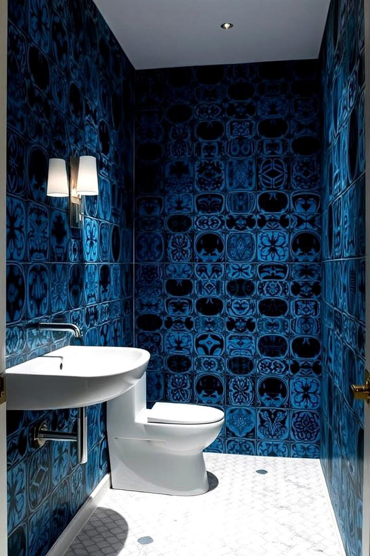 Harmonious Blue and Black Patterned Wallpaper - 30 black and blue bathroom ideas