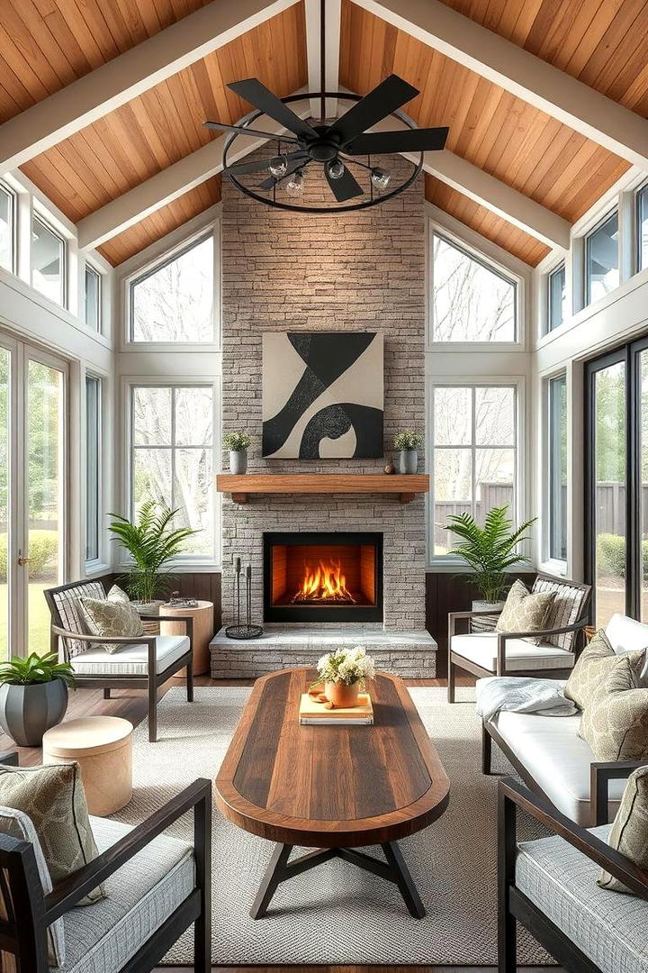 Harmonious Sunroom with Integrated Fireplace Design - 30 Sunroom With Fireplace